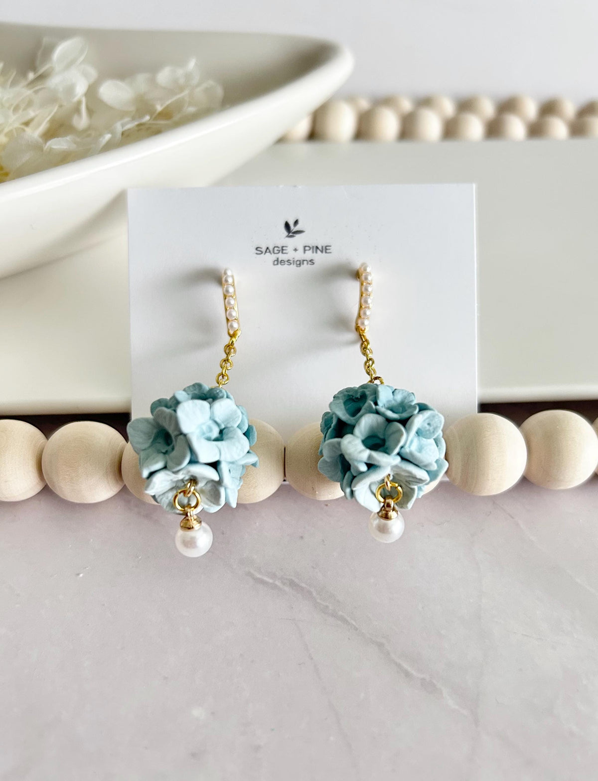 Hydrangea Earrings, Flower Cluster Clay Dangles, Pearl Chain Pastel Floral Drop Unique Wedding Jewelry