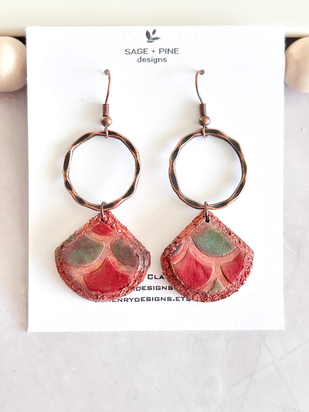 Copper Patina Clay Earrings, Abstract Hoop Drops, Green Statement Jewelry Gift