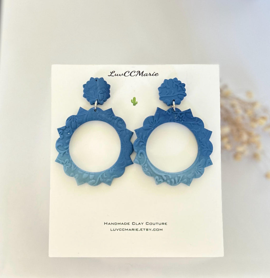 Boho Drop Hoop Earrings, Blue Ombre Statement Dangles, Handmade Clay Unique Gift