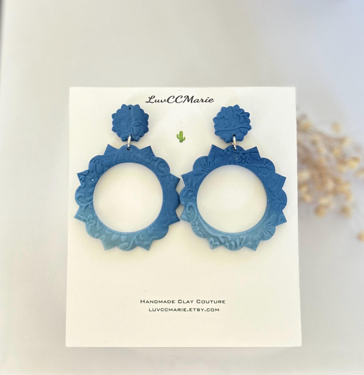 Boho Drop Hoop Earrings, Blue Ombre Statement Dangles, Handmade Clay Unique Gift