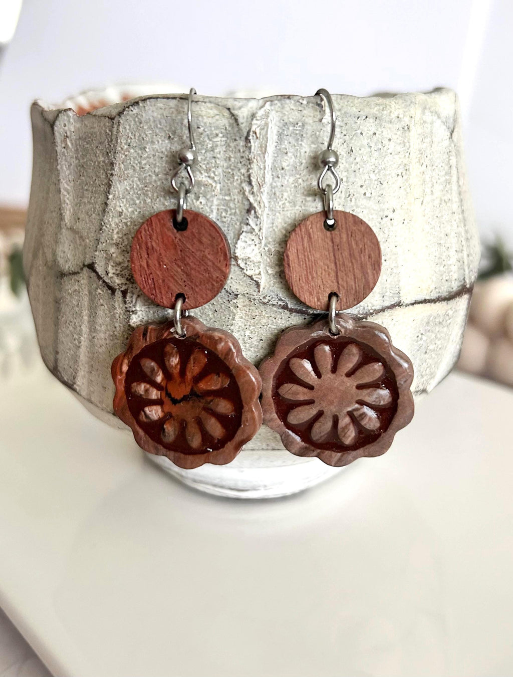 Dark Brown Clay and Wood Dangle Earrings, Santorini Tile Dangles, Fall Neutral Handmade Jewelry Gift