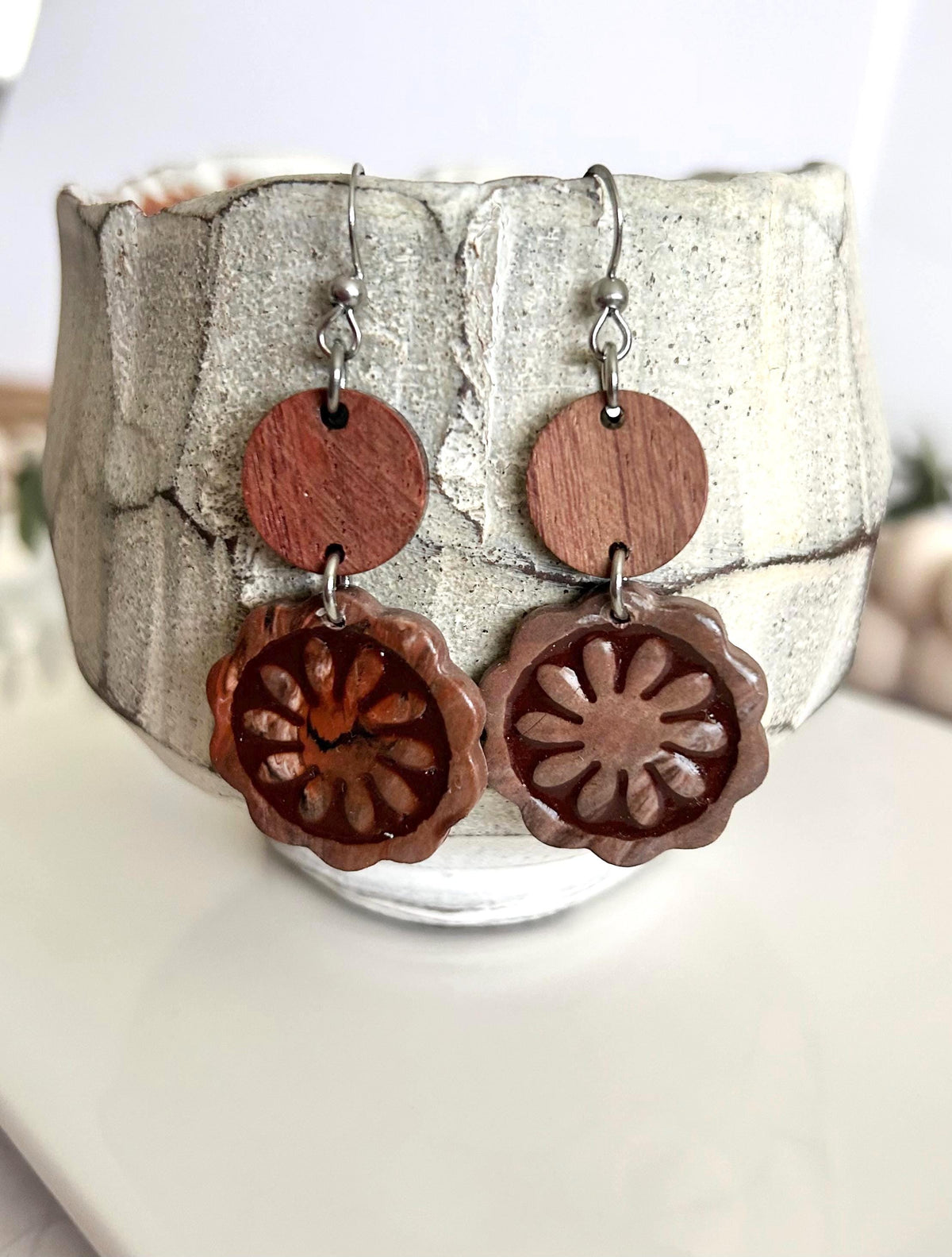 Dark Brown Clay and Wood Dangle Earrings, Santorini Tile Dangles, Fall Neutral Handmade Jewelry Gift