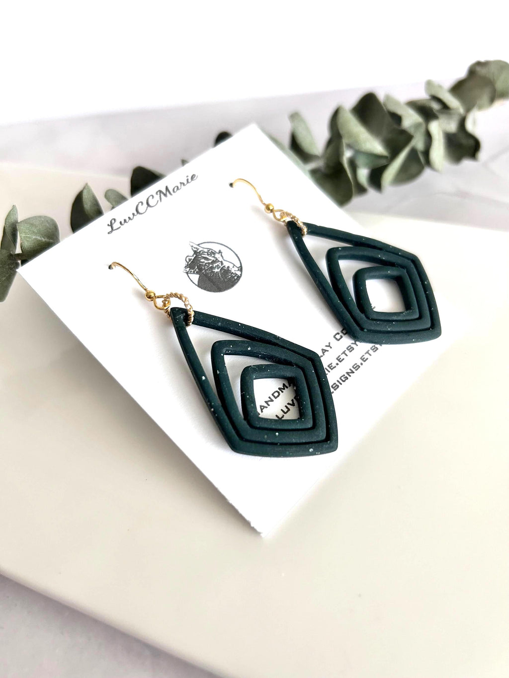 Dark Green Clay Earrings, Forest Dangles, Handmade Jewelry