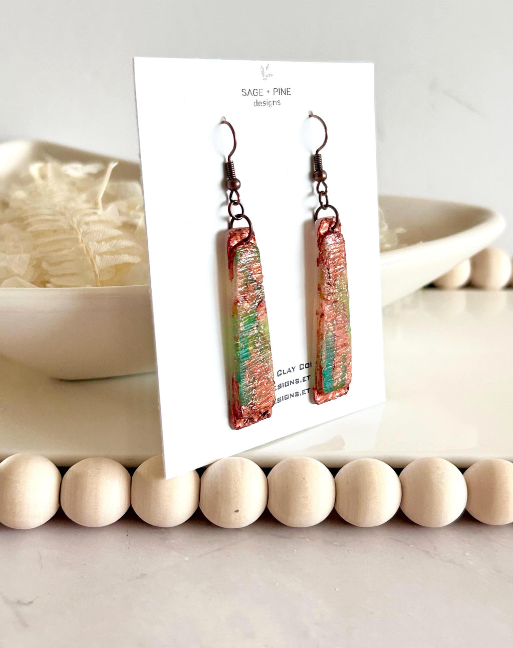 Copper Patina Clay Earrings, Abstract Hoop Drops, Green Statement Jewelry Gift