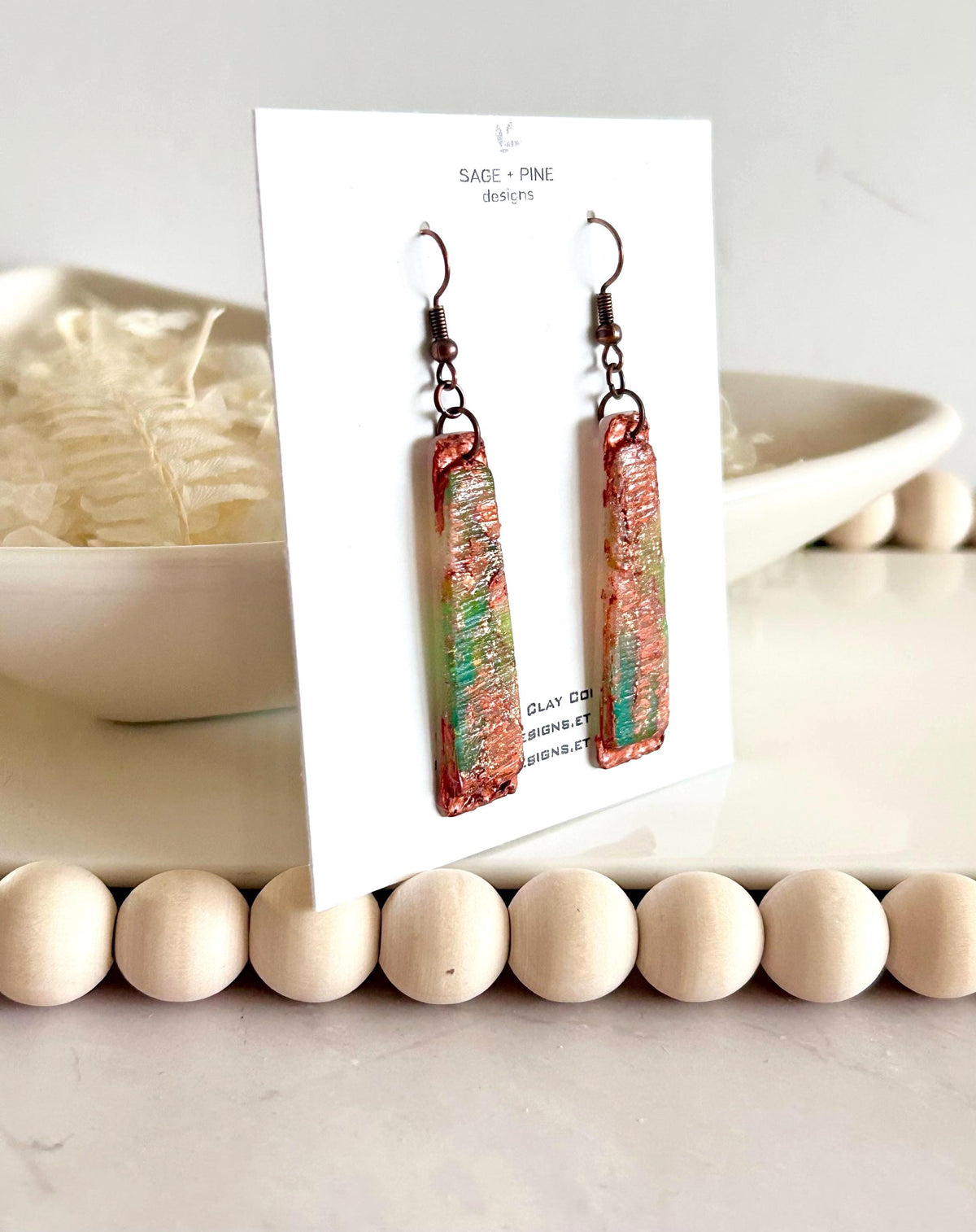 Copper Patina Clay Earrings, Abstract Hoop Drops, Green Statement Jewelry Gift