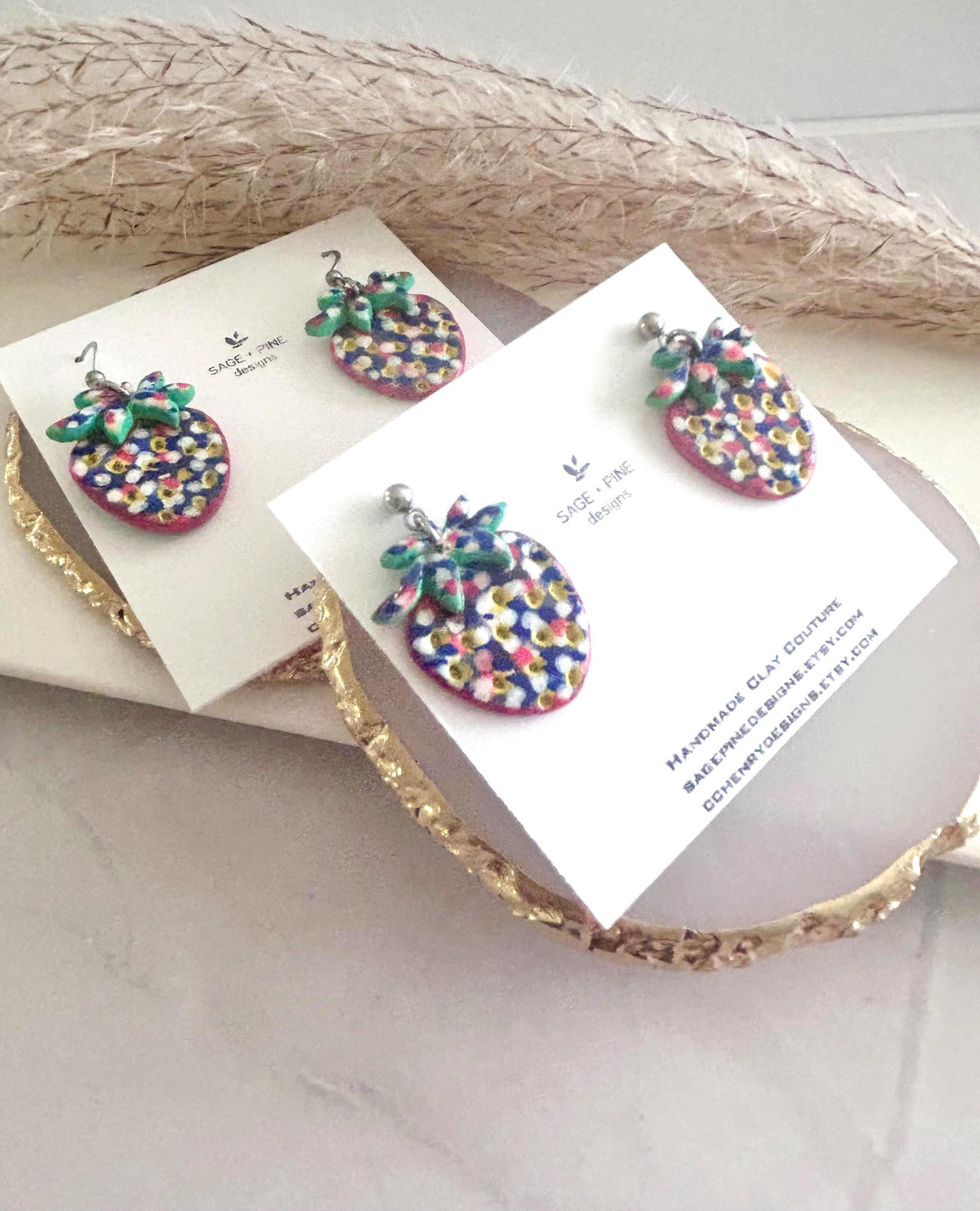 Strawberry Earrings, Clay Dangles, Red White Blue