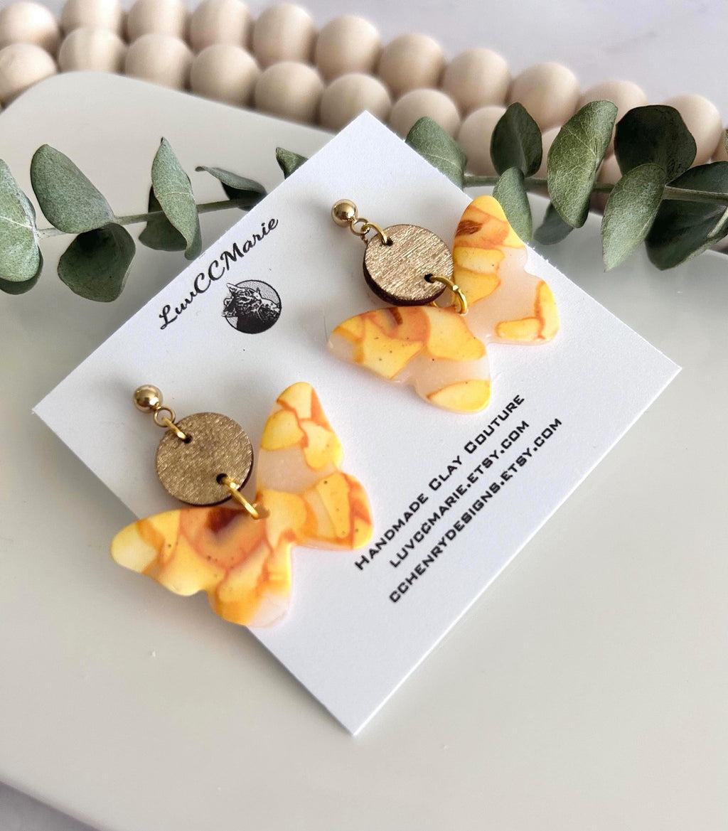 Yellow and Gold Butterfly Earrings, Daffodil Flower Clay and Wood Drop Dangles