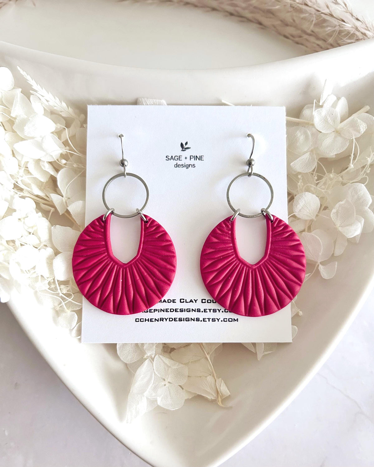Matte Red Boho Earrings, Black and Gold Hoop Dangles, Handmade Clay Jewelry Gift