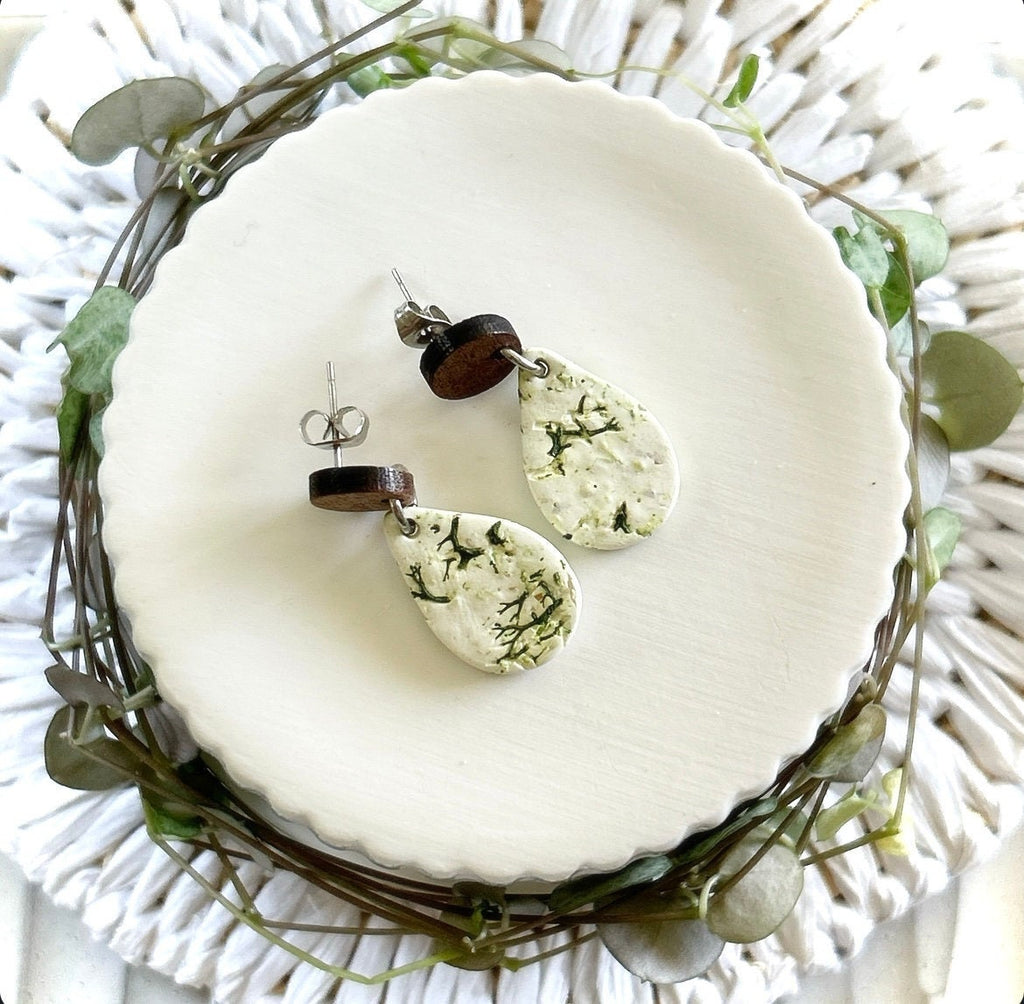 Nature Inspired Moss Earrings, Clay and Wood Drop Dangles, White and Green Lightweight Jewelry