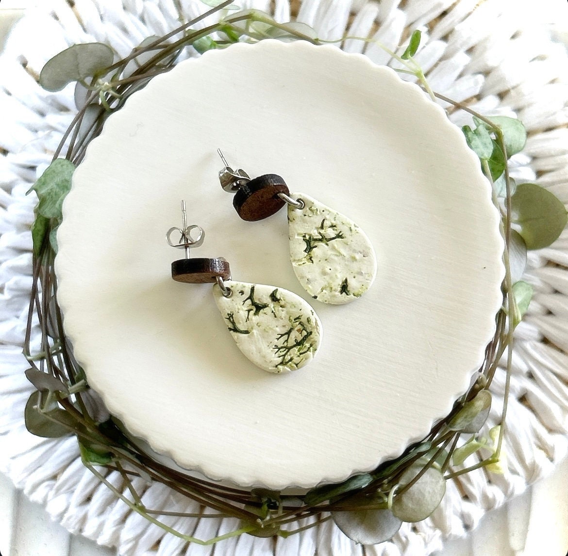 Nature Inspired Moss Earrings, Clay and Wood Drop Dangles, White and Green Lightweight Jewelry