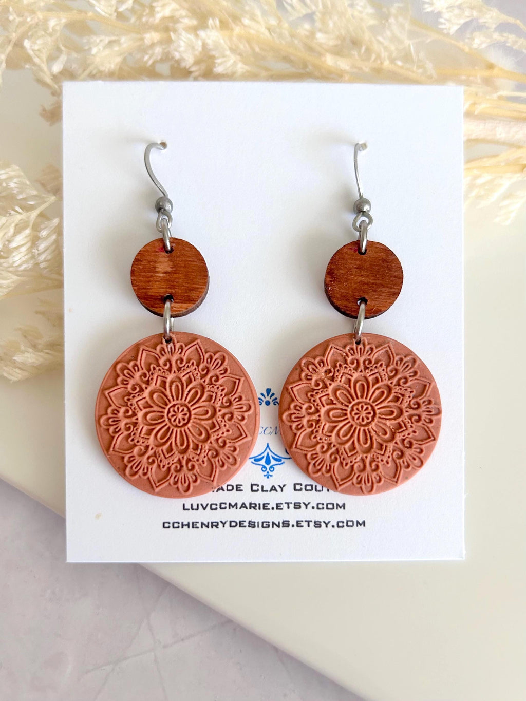 Terracotta Mandala Clay Earrings, Embossed Polymer & Wood Dangles, Handmade Fashion Boho Jewelry