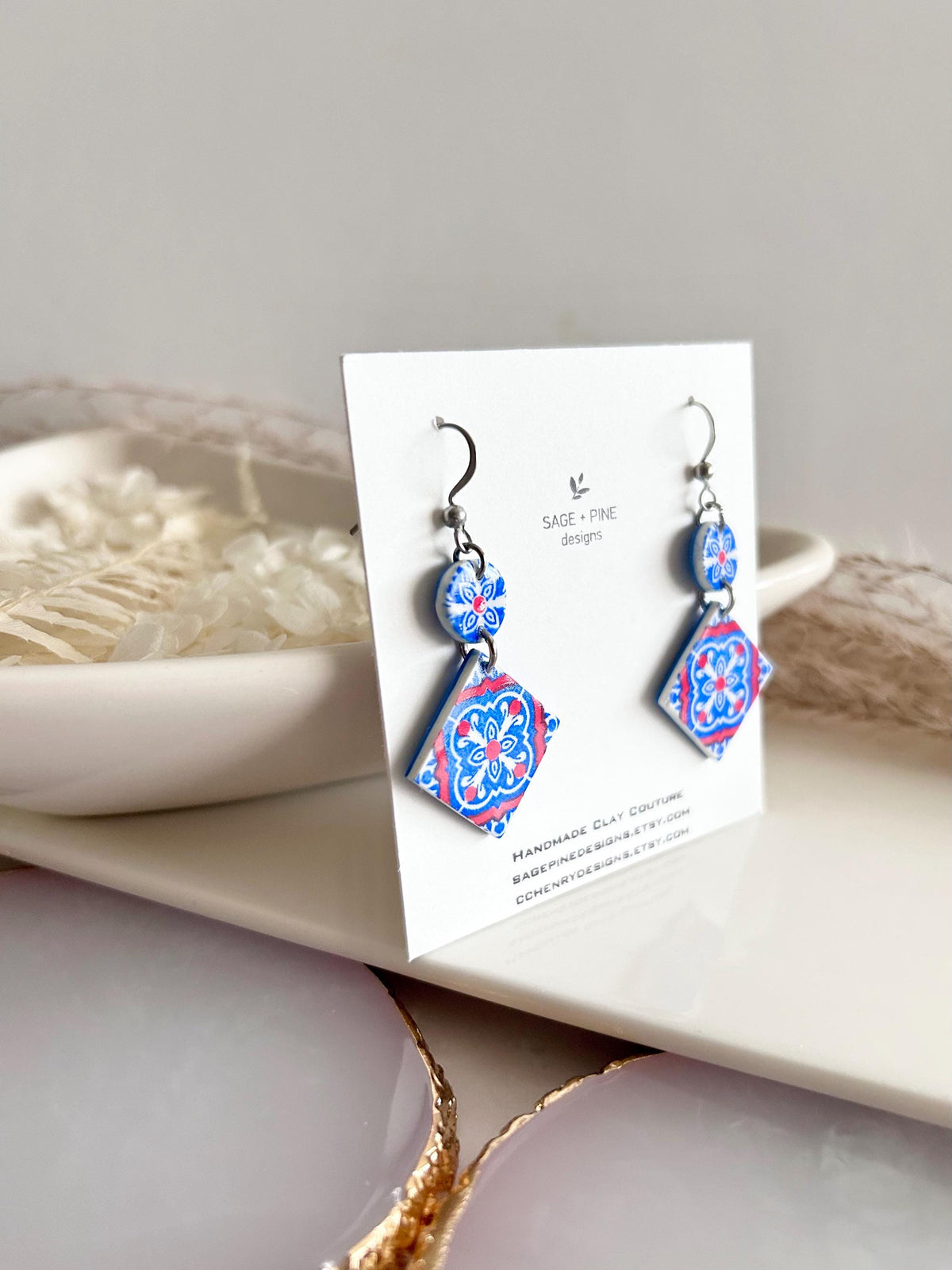 Cobalt Blue Tile 4th of July Earrings, Greek Dangles, Handmade Boho Clay Jewelry