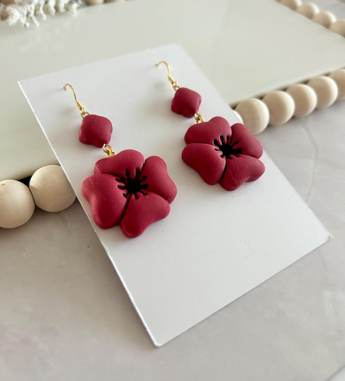 Dark Red Poppy Earrings, Polymer Clay Flora Dangles, Handmade Boho Jewelry Gift