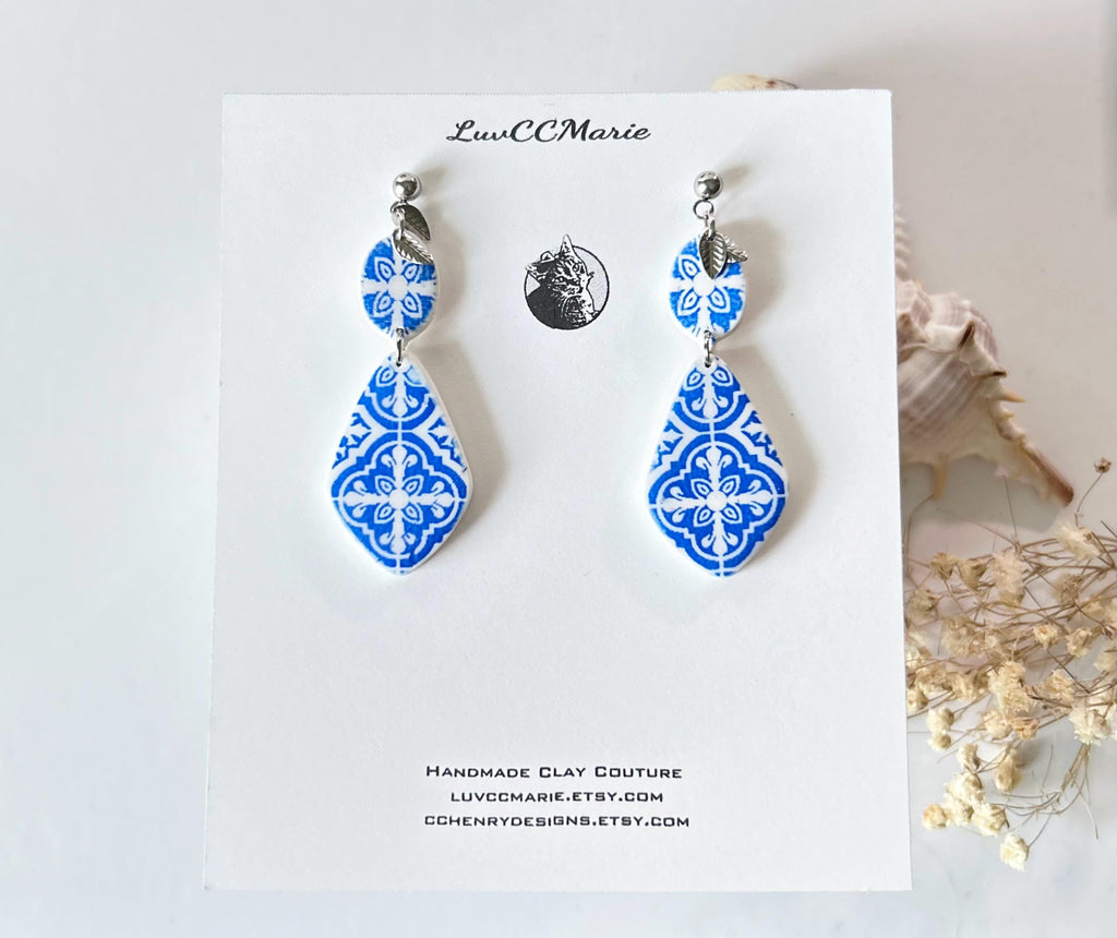 Santorini Earrings, Cobalt Blue Tile Dangles, Handmade Clay Boho Jewelry