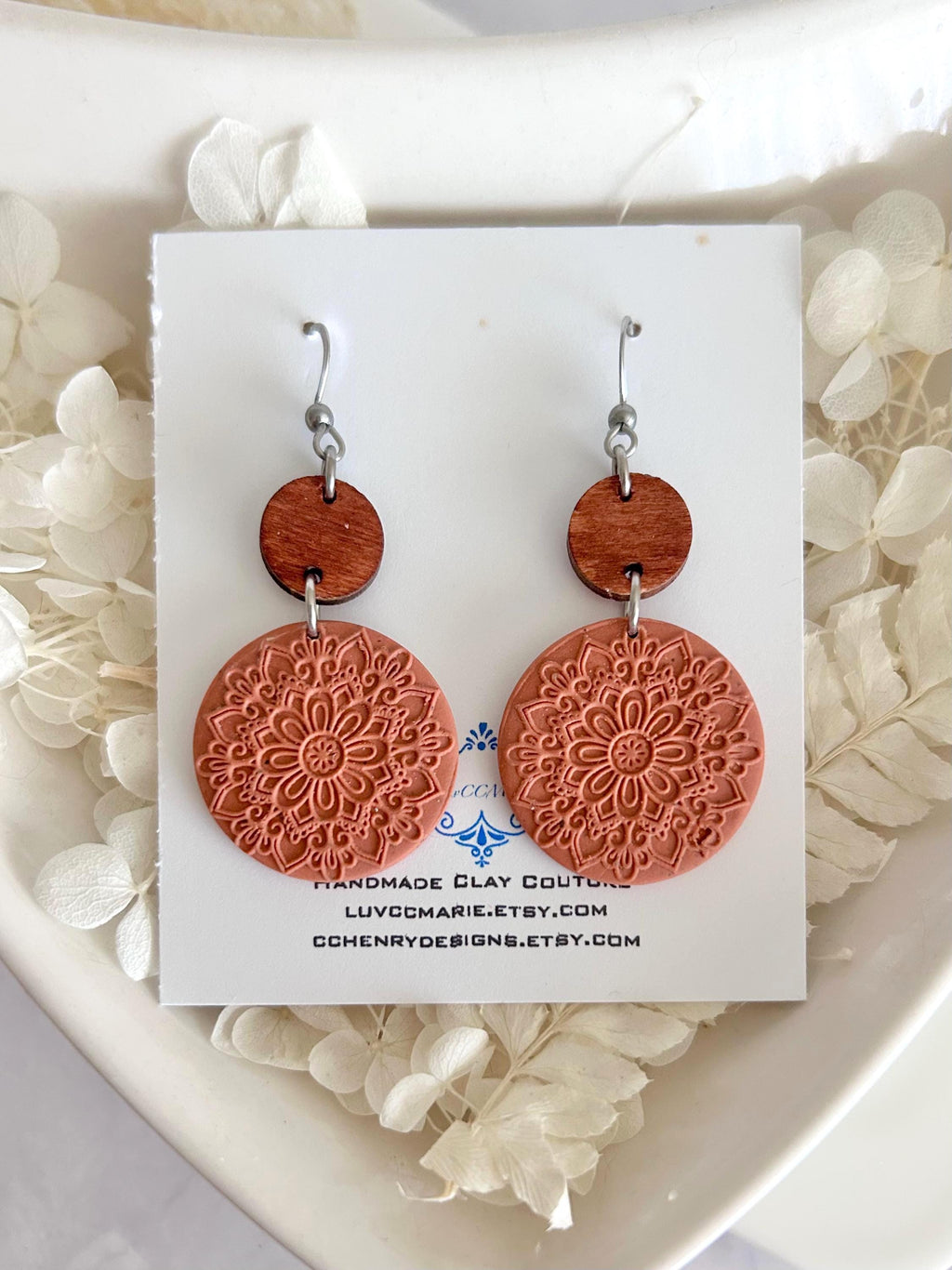 Terracotta Mandala Clay Earrings, Embossed Polymer & Wood Dangles, Handmade Fashion Boho Jewelry