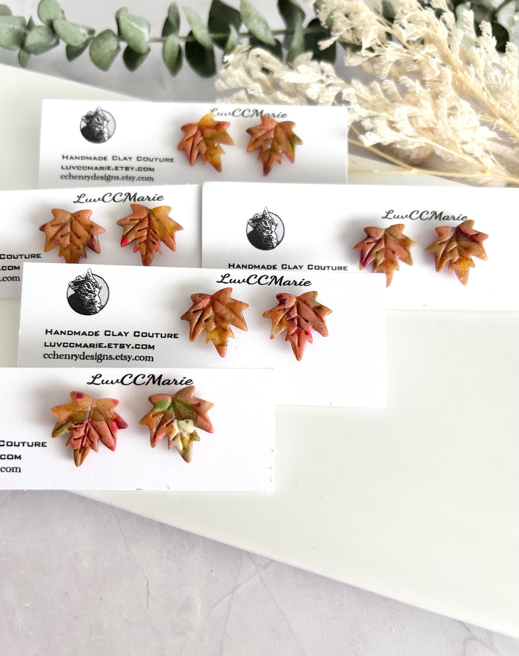 Maple Leaf Stud Earrings, Clay Studs, Handmade Multicolor Fall Jewelry