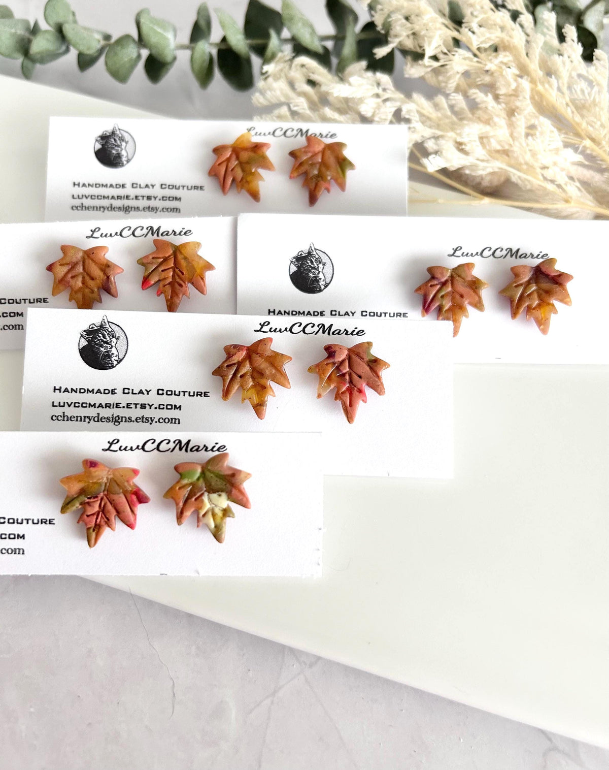 Maple Leaf Stud Earrings, Clay Studs, Handmade Multicolor Fall Jewelry