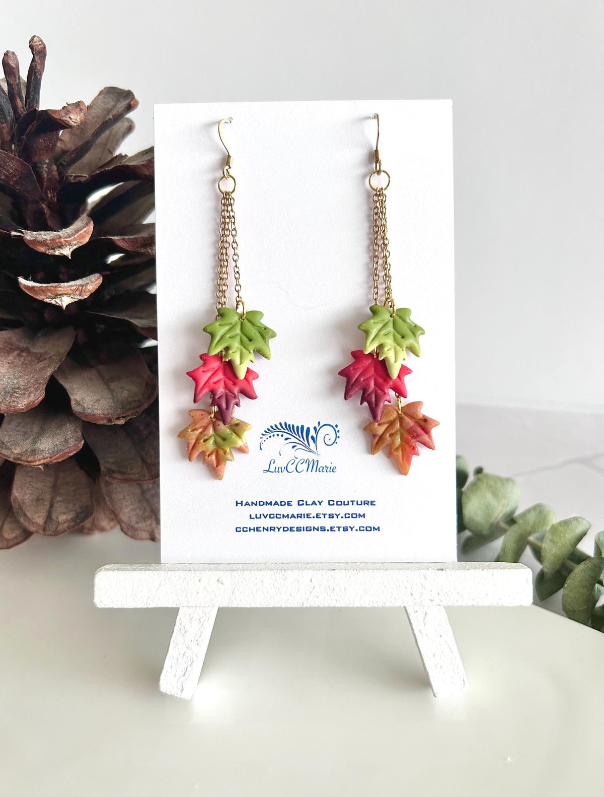 Leaf Earrings, Fall Jewelry, Polymer Clay Ombre Maple Leaves Chain Dangles