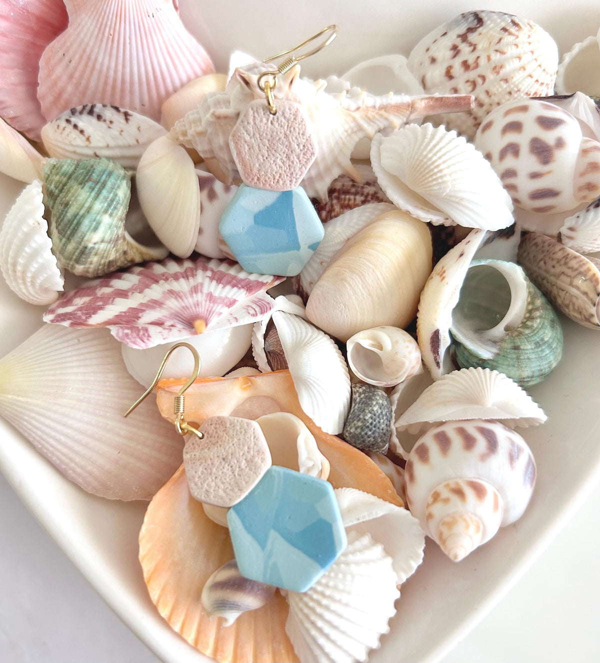 Blue Terrazzo Clay Dangle Earrings, Summer Dangles, Beachy Beige Coastal Vacation Handmade Jewelry