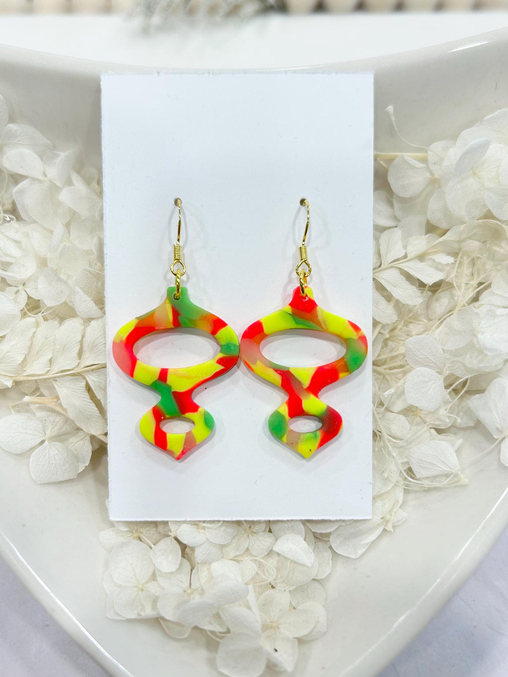 Handmade Neon 80s Polymer Clay Dangle Earrings, Mid-Century Modern Retro Vintage Style Dangles