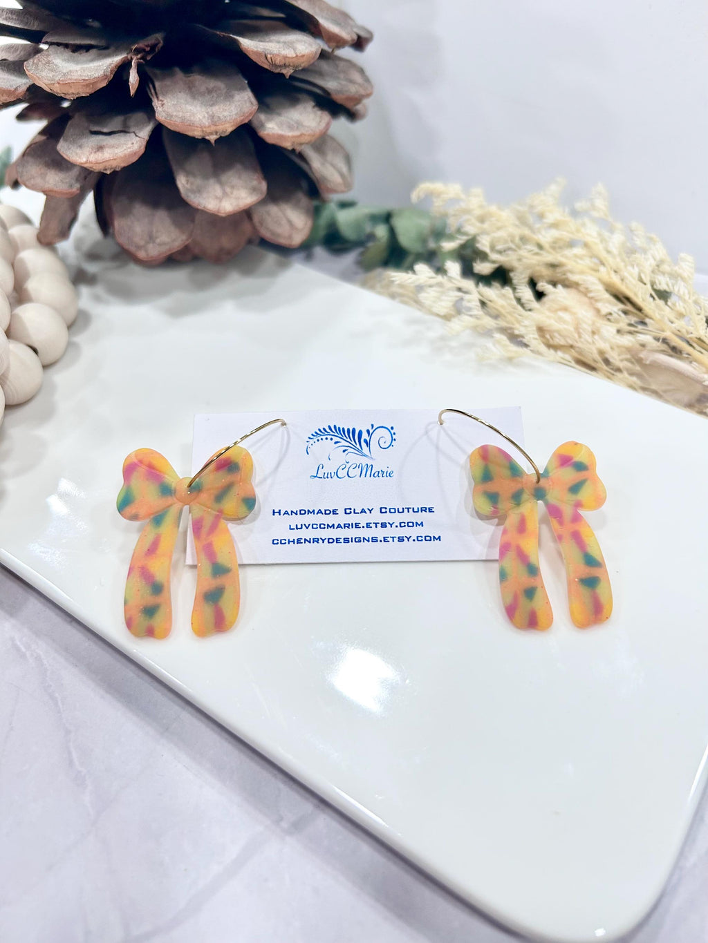 Neon Earrings, 80s Bow Hoop Dangles, Fluorescent Handmade Clay Jewelry Gift