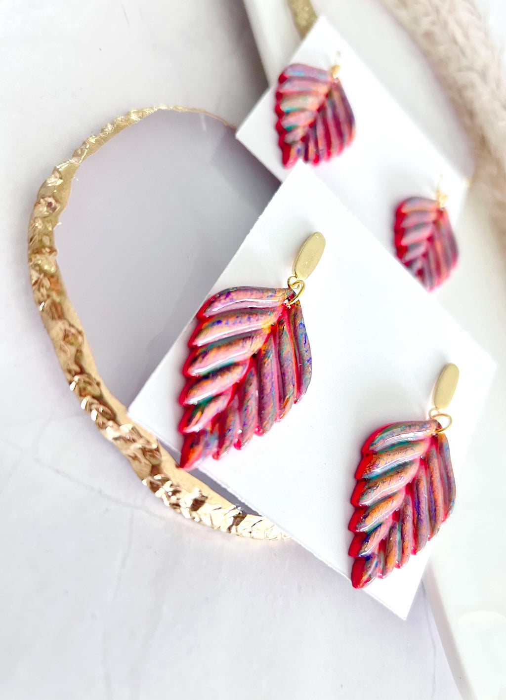 Hand Painted Leaf Earrings, 24k Gold Multicolor Earrings, Colorful Ceramic Clay Dangles, Hypoallergenic Clay Lightweight Jewelry