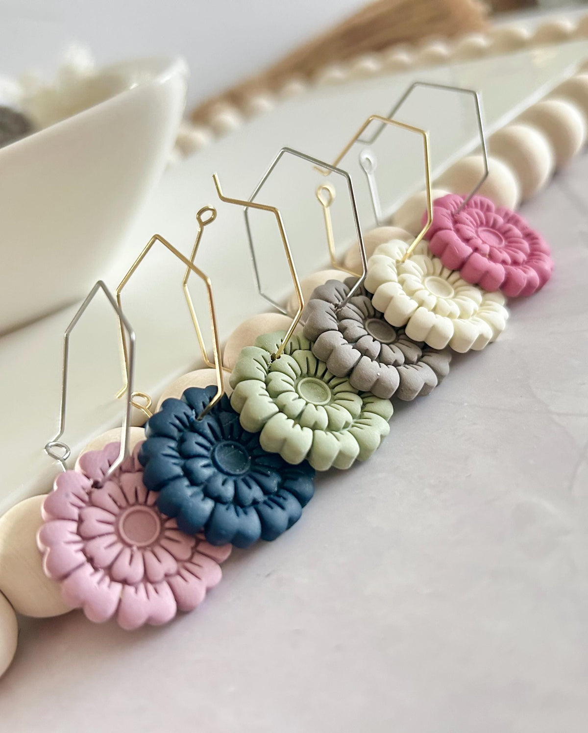 Spring Floral Clay Earrings, Sage Green Hoop Dangles, Boho Hypoallergenic Lightweight Jewelry