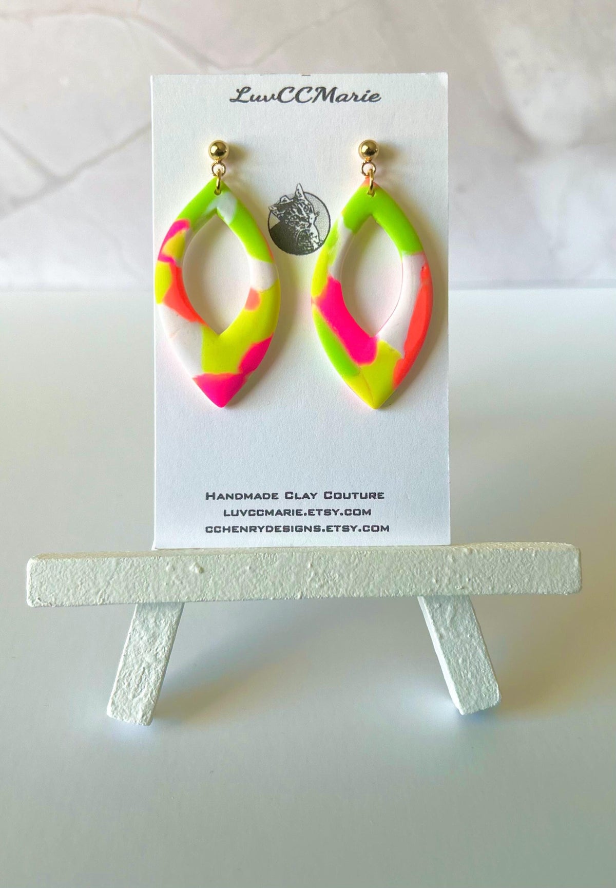 Neon Orange, Yellow, Pink, Green Drop Earrings, Retro Multicolored Clay Dangles, Handmade Jewelry