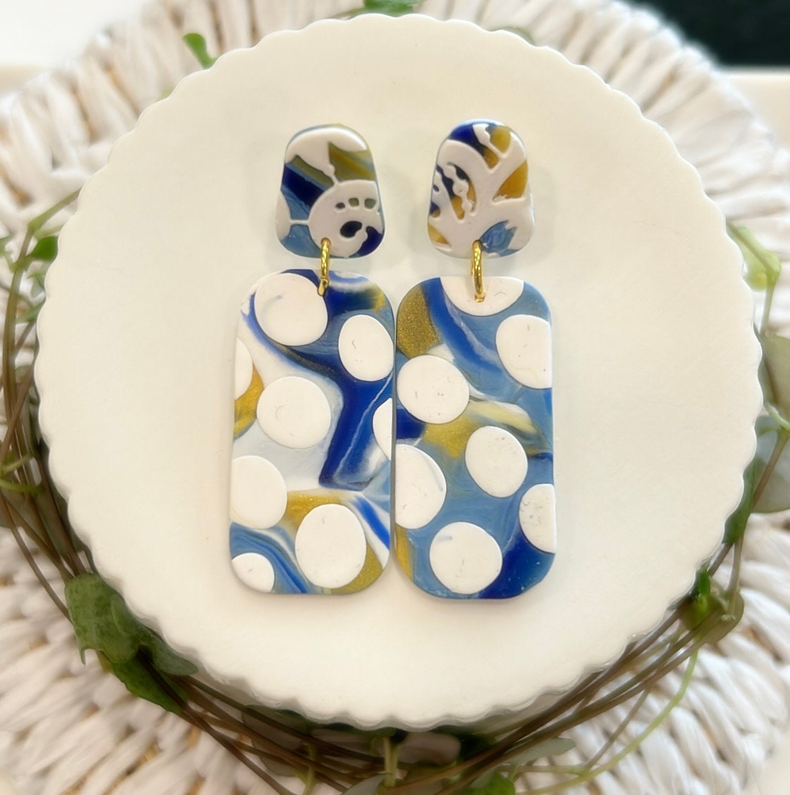 Handmade Clay Polka Dot Stud Dangles, Cobalt, White & Gold Dangle Earrings, Long Boho Jewelry