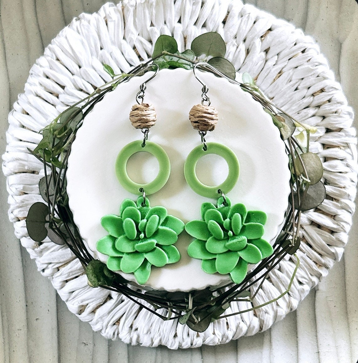 Handmade Clay Succulent Dangle Earrings, Green and Brown Raffia Dangles, Long Lightweight Boho Jewelry