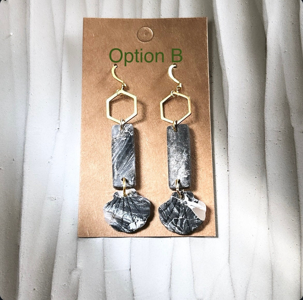Seashell Earrings, Black and Gold Long Dangles, Coastal Beach Vacation Clay Jewelry Wedding Gift