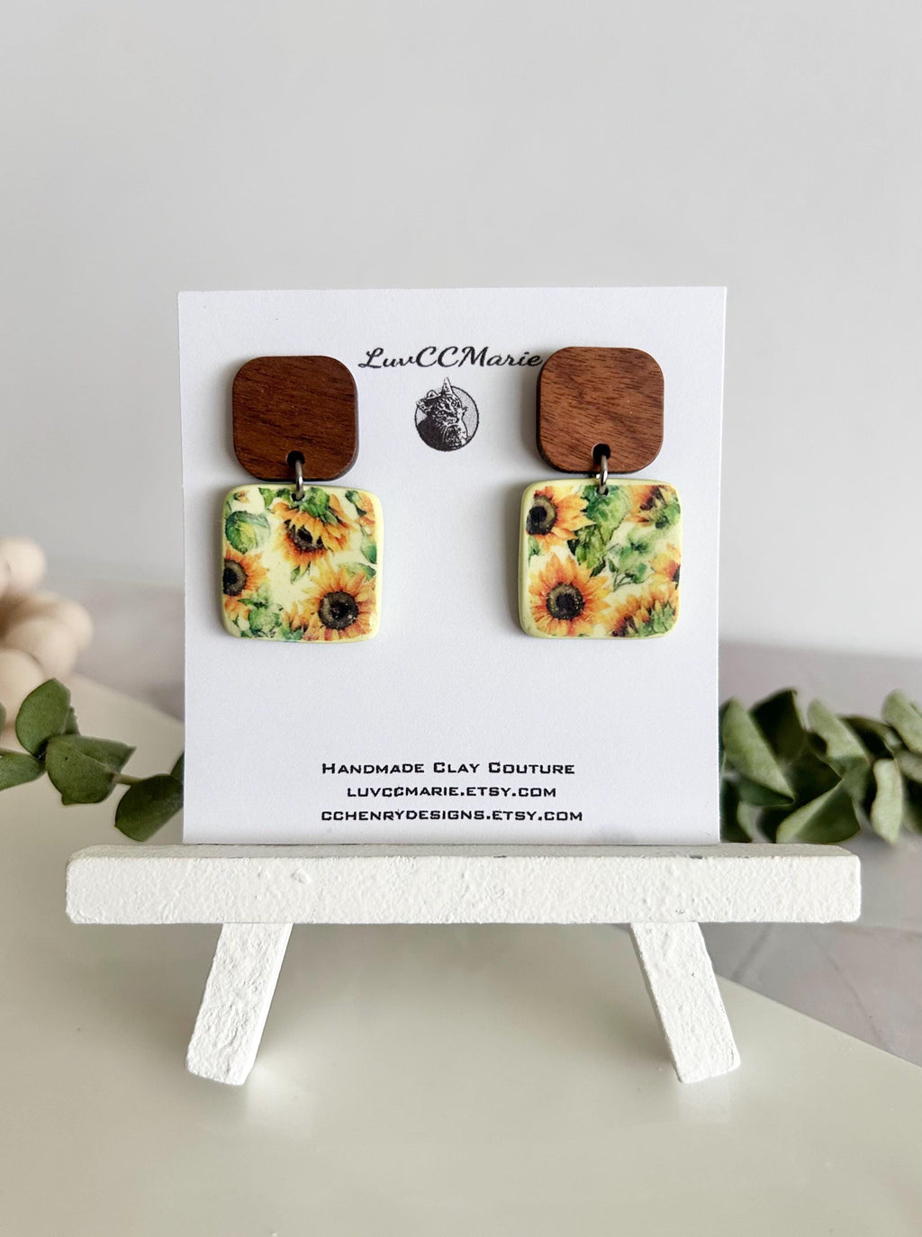 Boho Floral Earrings, Pale Yellow Wood Clay Dangles, Boho Sunflower Jewelry, Handmade Sunflower Themed Gift