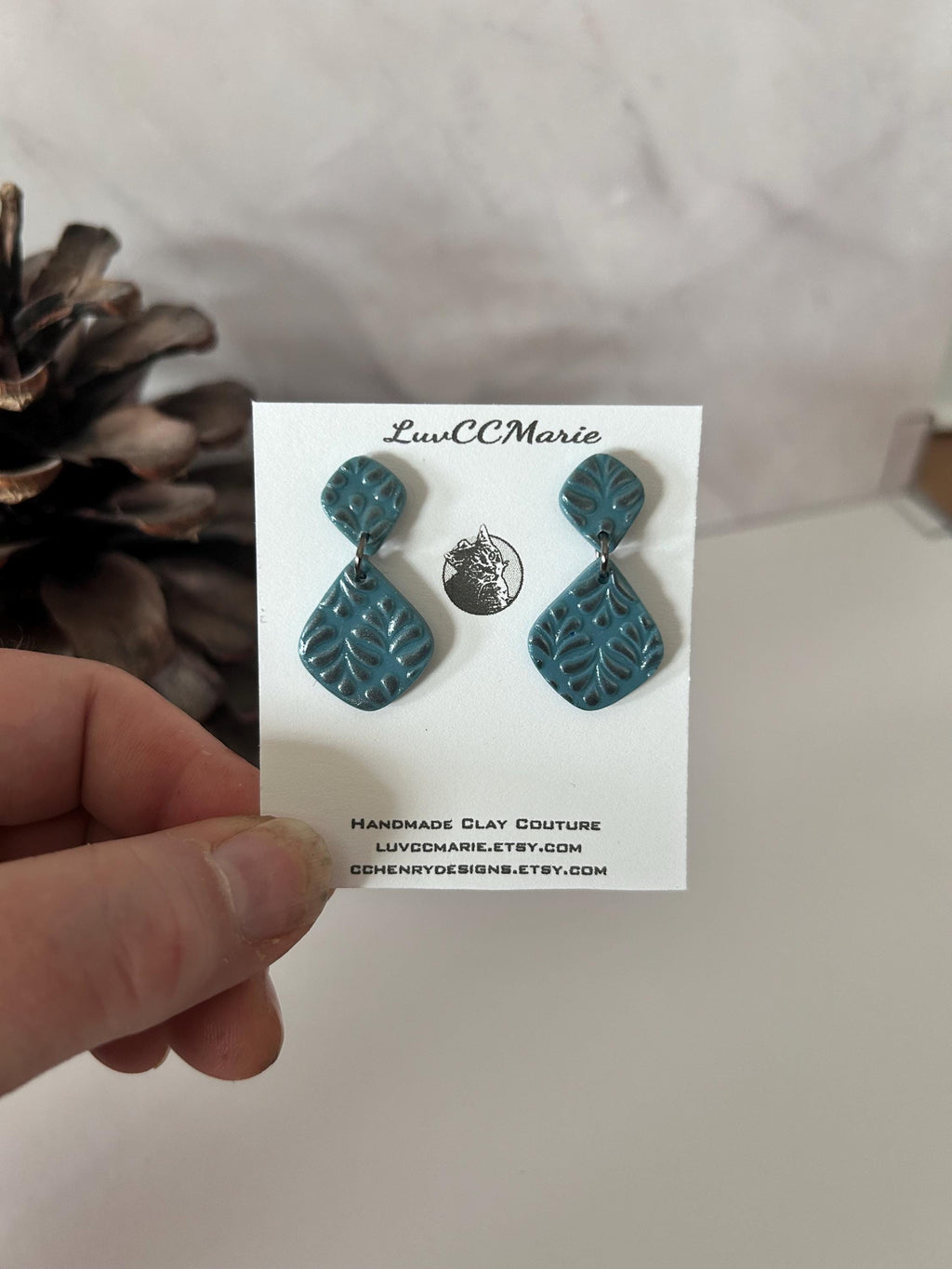 Handmade Embossed Clay Earrings: Blue Gray Boho Dangles