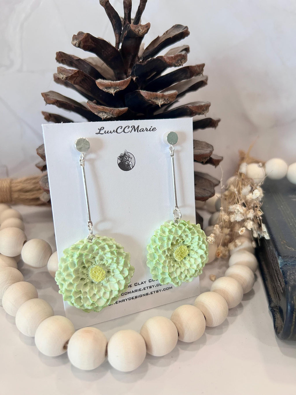Handmade Black Dahlia Clay Earrings: Gold Floral Bar Dangles