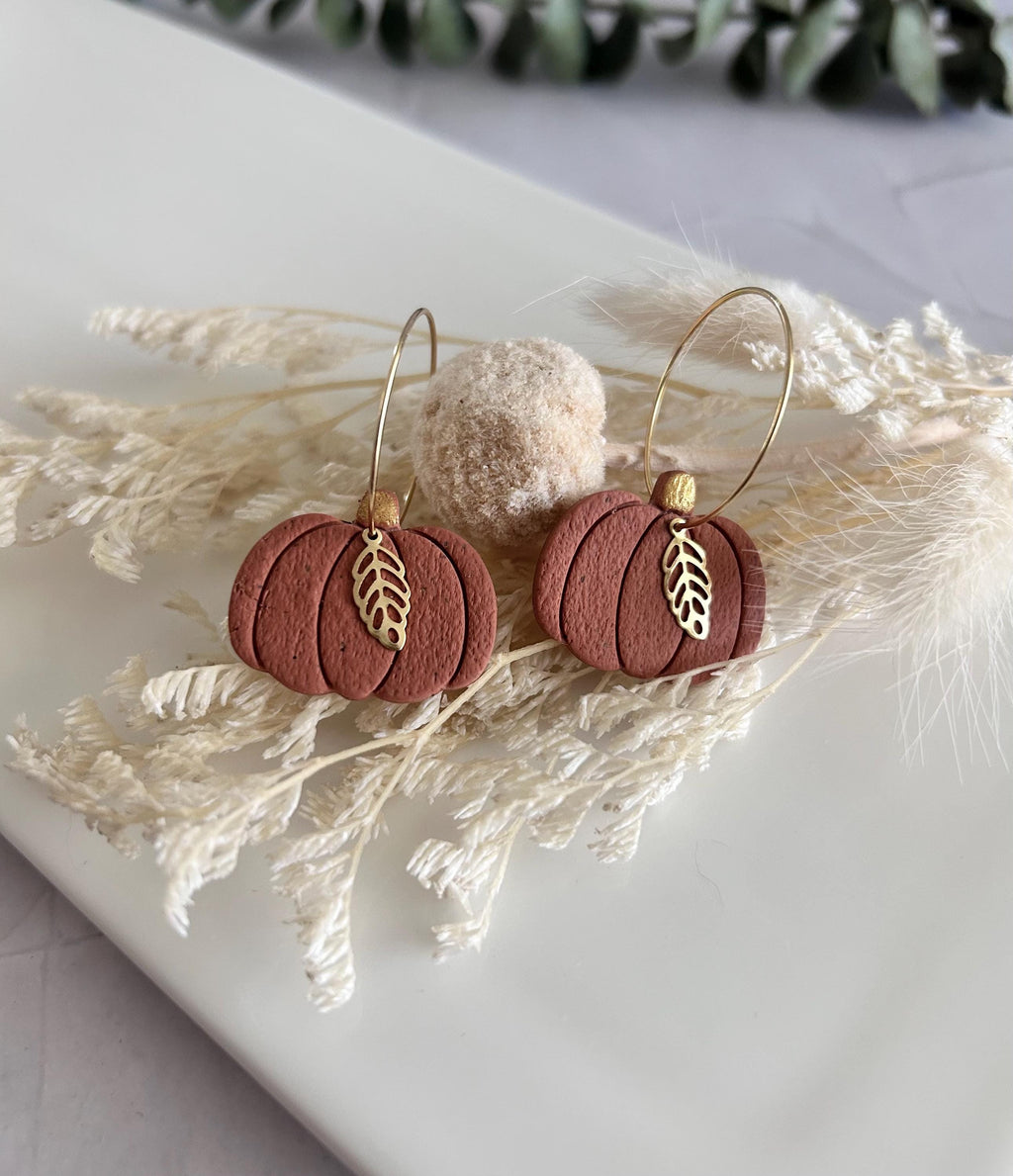 Pumpkin Earrings, Hoop Dangles, Fall Leaf, Boho Handmade Fashion Jewelry