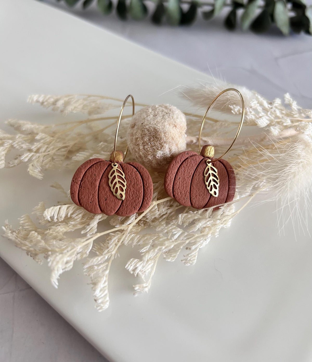 Pumpkin Earrings, Hoop Dangles, Fall Leaf, Boho Handmade Fashion Jewelry