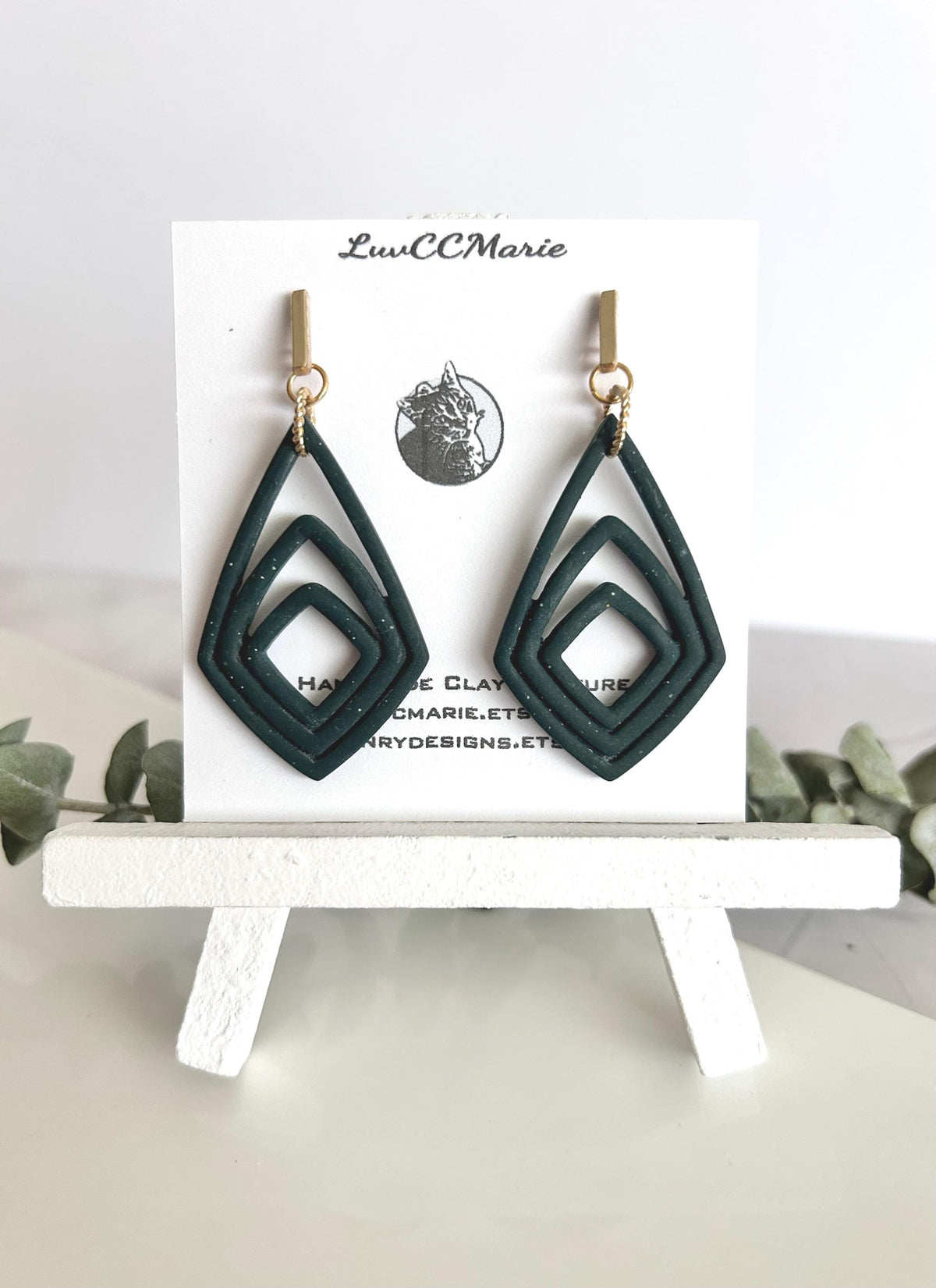 Dark Green Clay Earrings, Forest Dangles, Handmade Jewelry