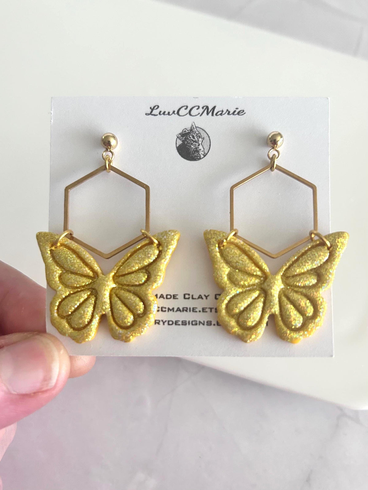 Hoop Butterfly Earrings, Sparkly Holographic Gold Monarch Dangles, Handmade Clay Unique Jewelry