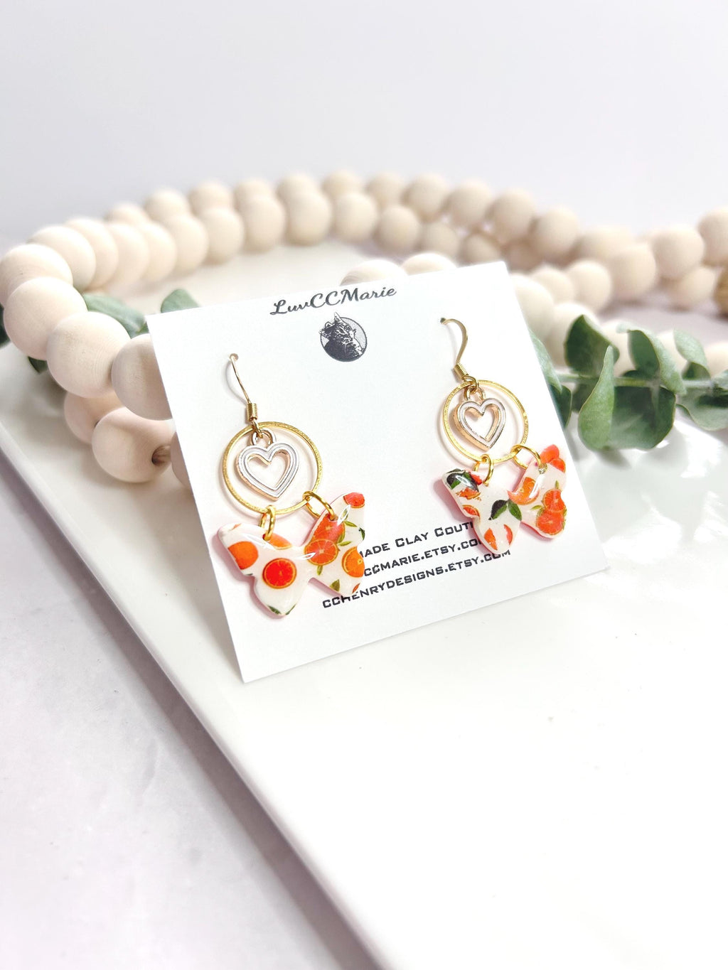 Handmade Orange Butterfly Clay Earrings: Boho Heart Charm Dangles