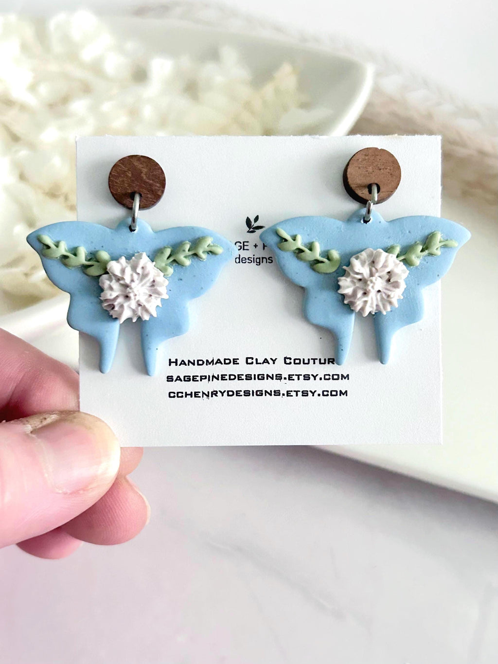 Handmade Clay Moth Earrings, Light Blue and White Floral Dangles, Pastel Wings, Wood Polymer