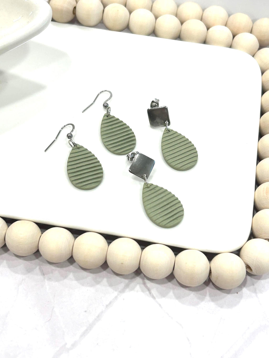 Sage Green Clay Earrings: Boho Teardrop Post Dangles, Stainless Steel Hypoallergenic Studs