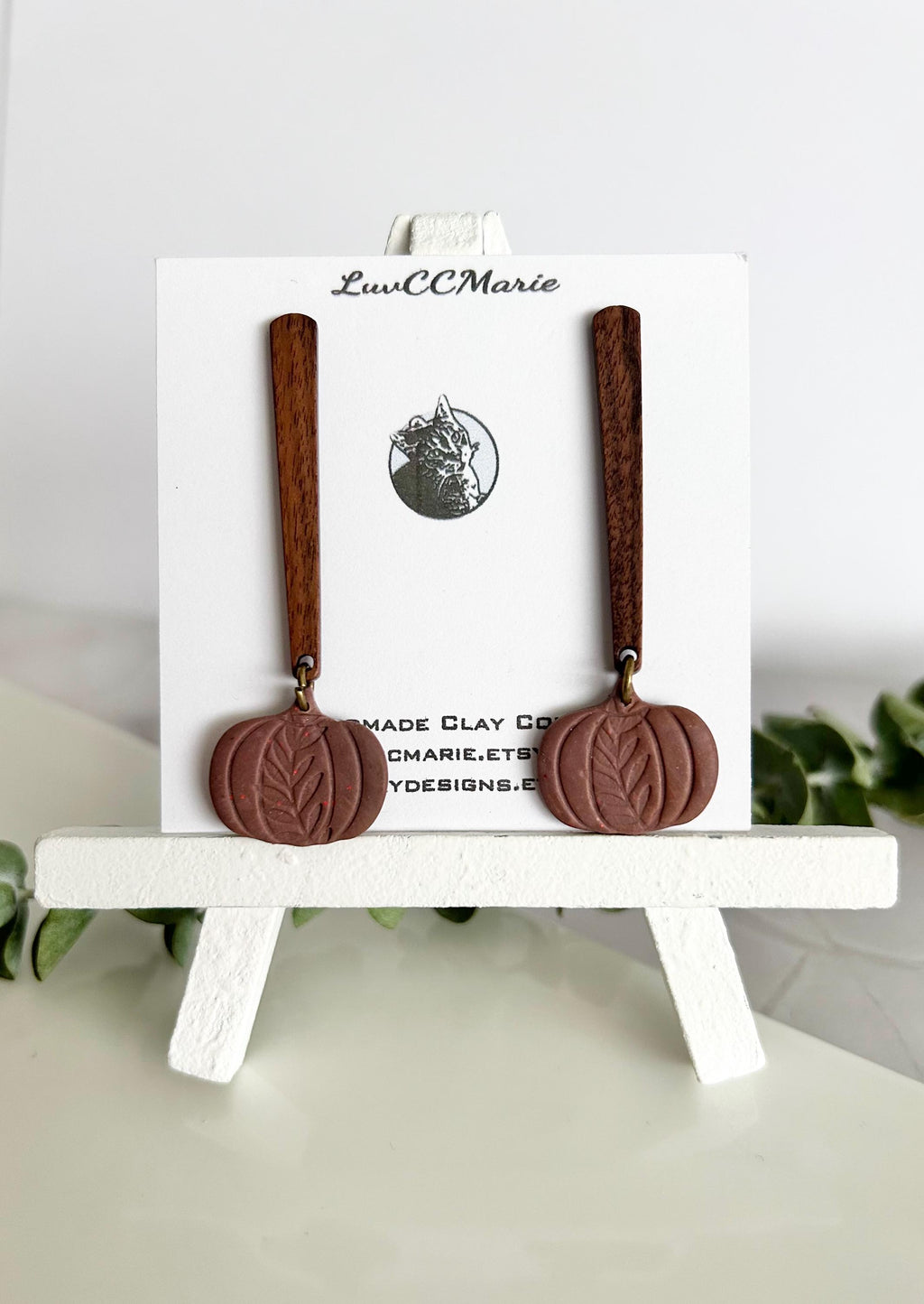 Handmade Clay Fall Leaf Earrings, Wood Bar Dangles, Brown Leaves Autumn Jewelry