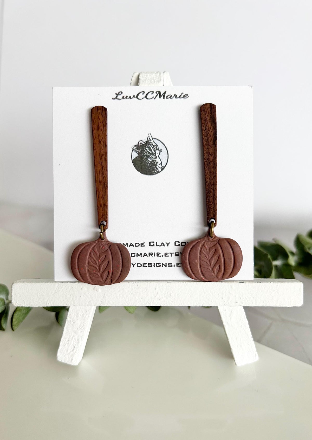 Handmade Clay Fall Leaf Earrings, Wood Bar Dangles, Brown Leaves Autumn Jewelry