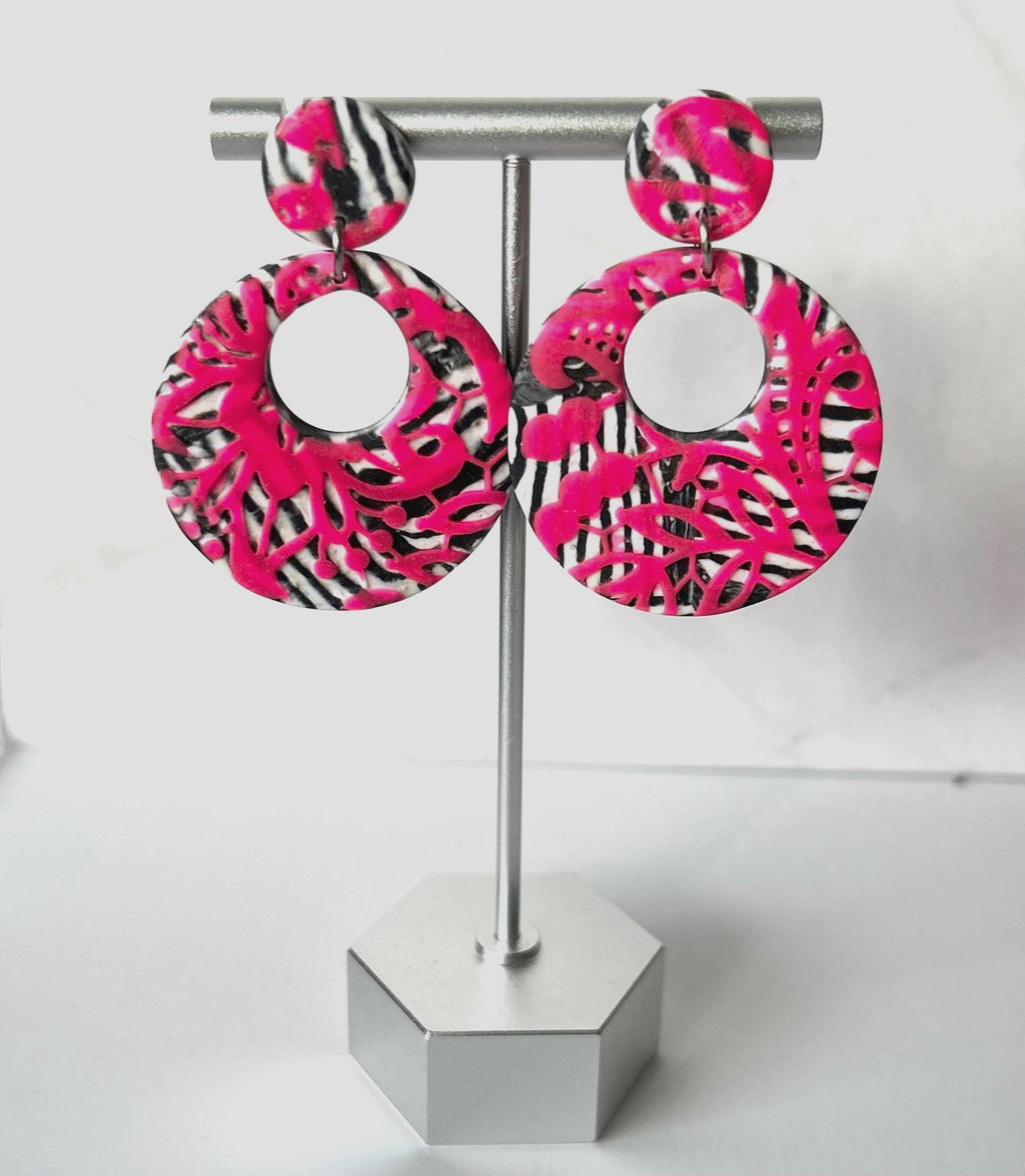 Pink and Black Zebra Earrings, 80's Retro Drop Hoop Clay Dangles, Modern Jewelry Gift