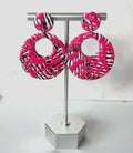 Pink and Black Zebra Earrings, 80's Retro Drop Hoop Clay Dangles, Modern Jewelry Gift
