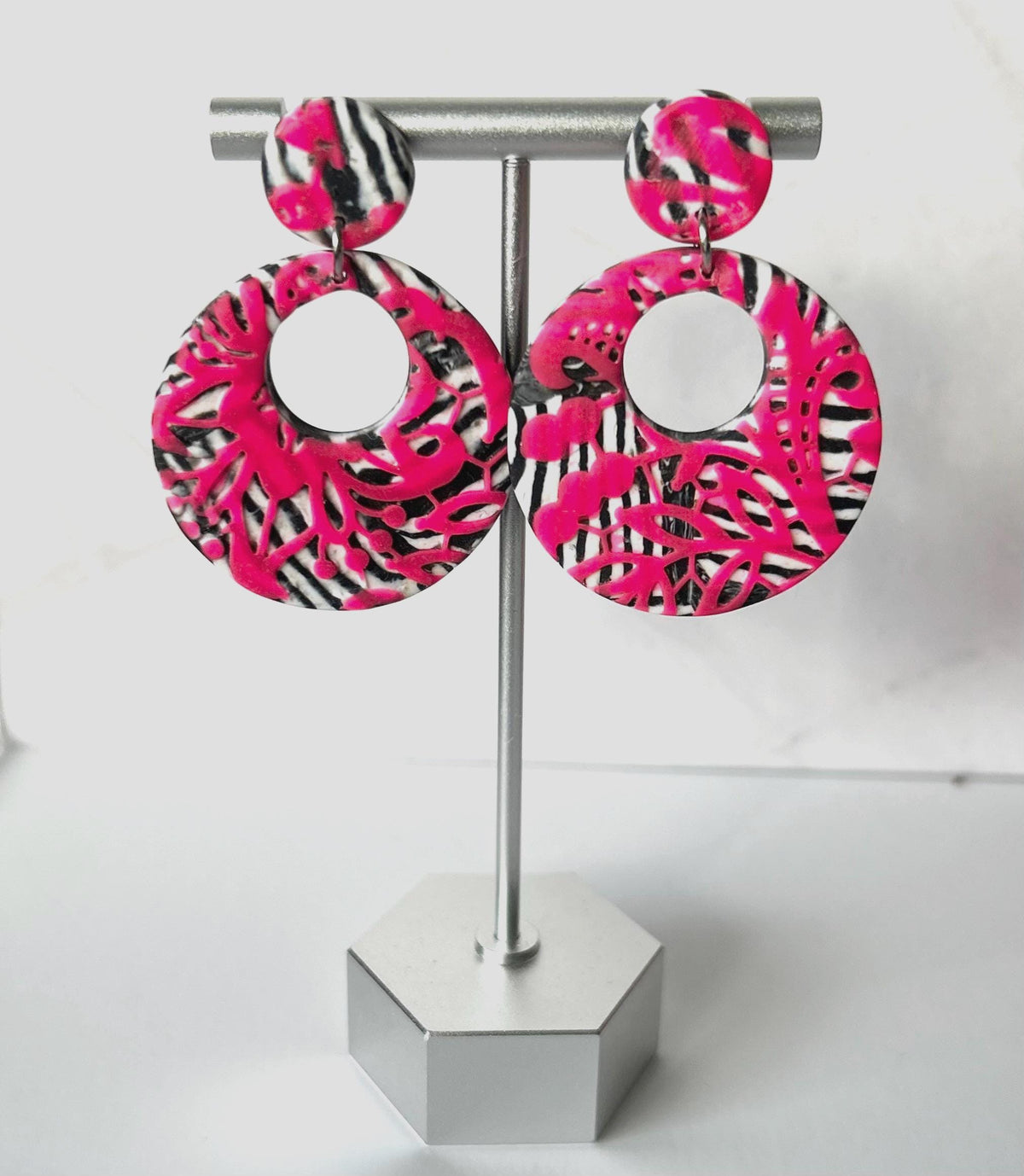 Pink and Black Zebra Earrings, 80's Retro Drop Hoop Clay Dangles, Modern Jewelry Gift