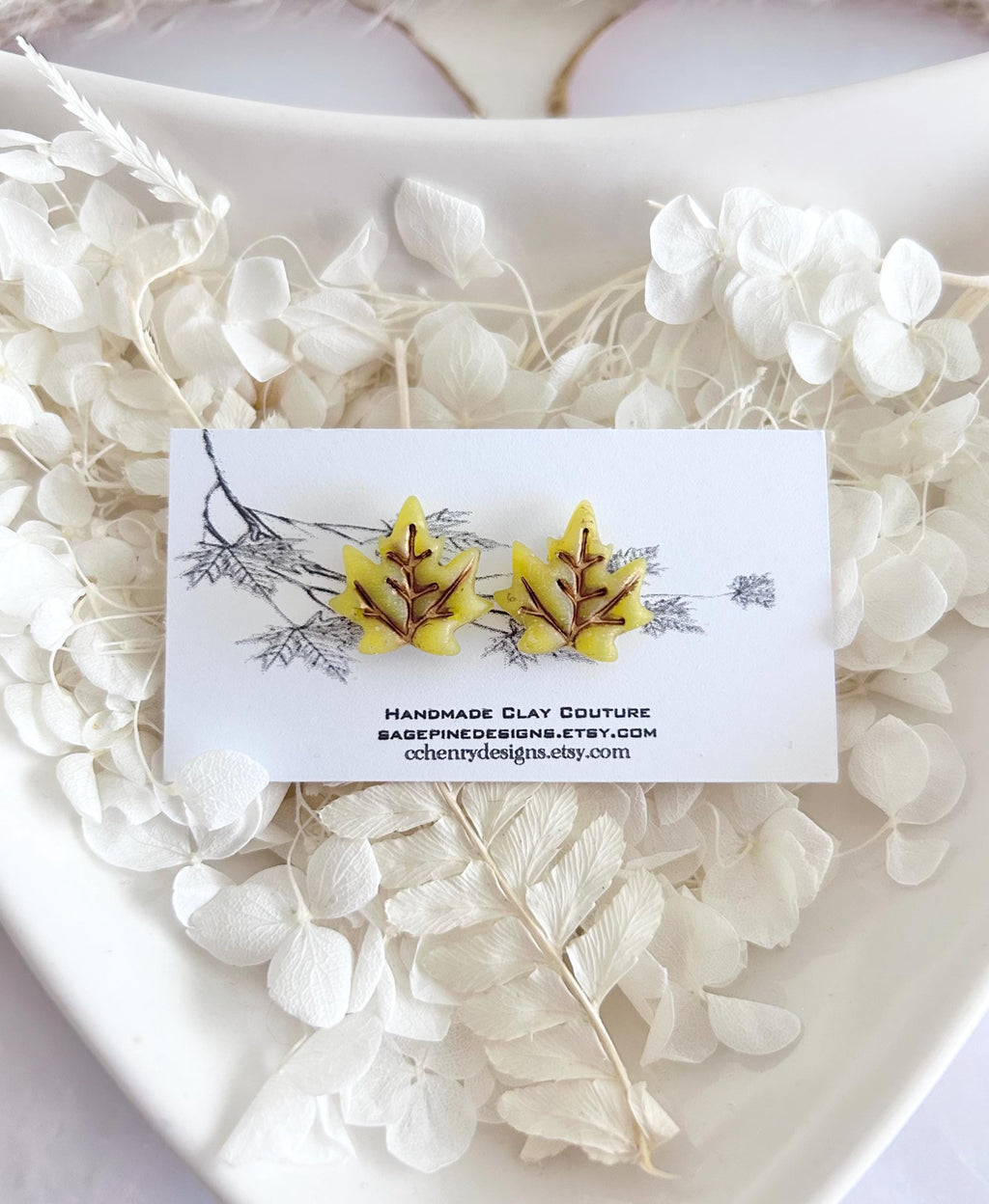 Clay Stud Earrings, Maple Leaf Fall Studs, Chartreuse Green, Hypoallergenic Surgical Posts
