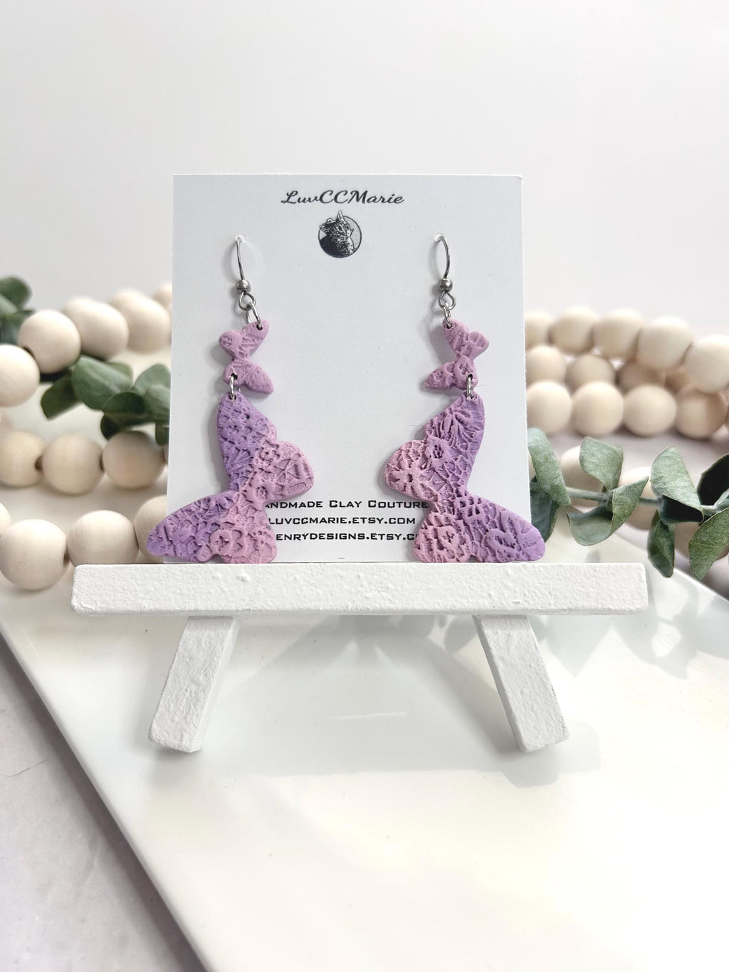 Lavender Floral Butterfly Earrings, Light Purple Embossed Dangles, Handmade Clay Jewelry Gift