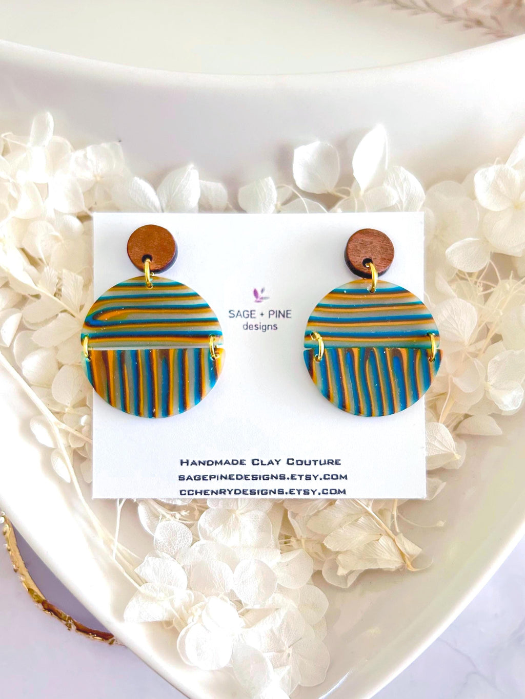 Burgundy Striped Earrings, Teal Mustard Fall Earrings, Multicolor Handmade Boho Wood Clay Drop Dangles