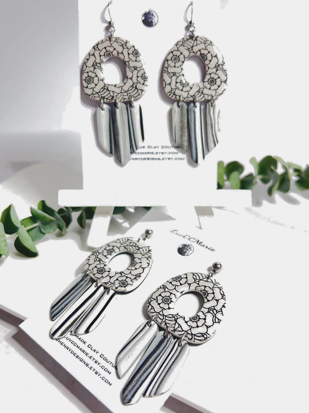 Black and White Chandelier Earrings, Tudor Rose Clay Dangles, Boho Wedding Floral Jewelry